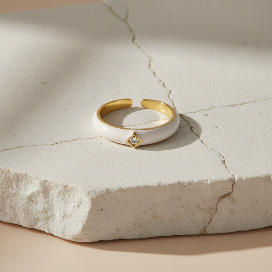 White Enamel & Gold Adjustable Ring with Diamond Detail LR10197