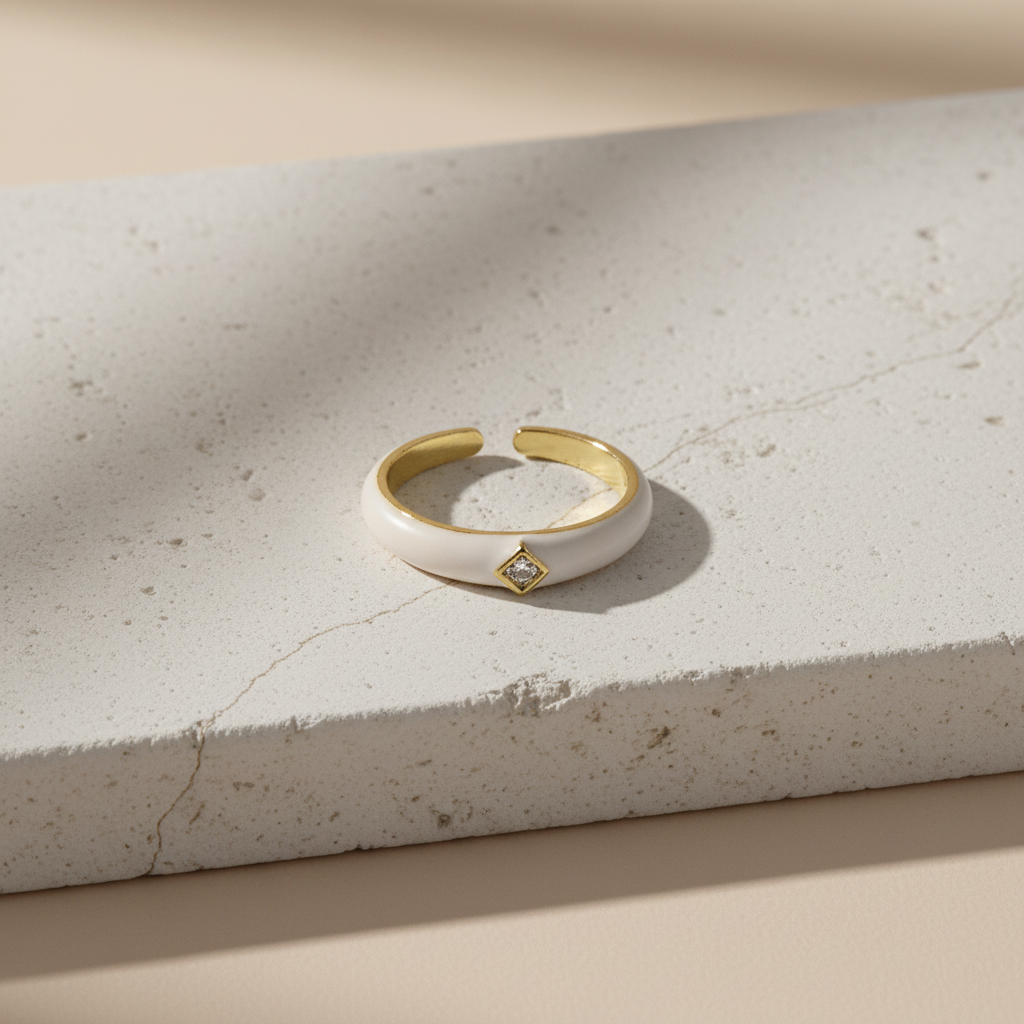 White Enamel & Gold Adjustable Ring with Diamond Detail LR10197