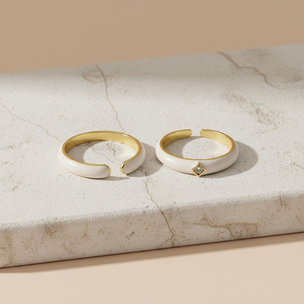 White Enamel & Gold Adjustable Ring with Diamond Detail LR10197