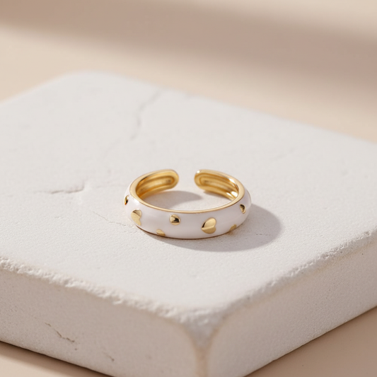 White Enamel & Gold Adjustable Ring with Heart Accents LR10209