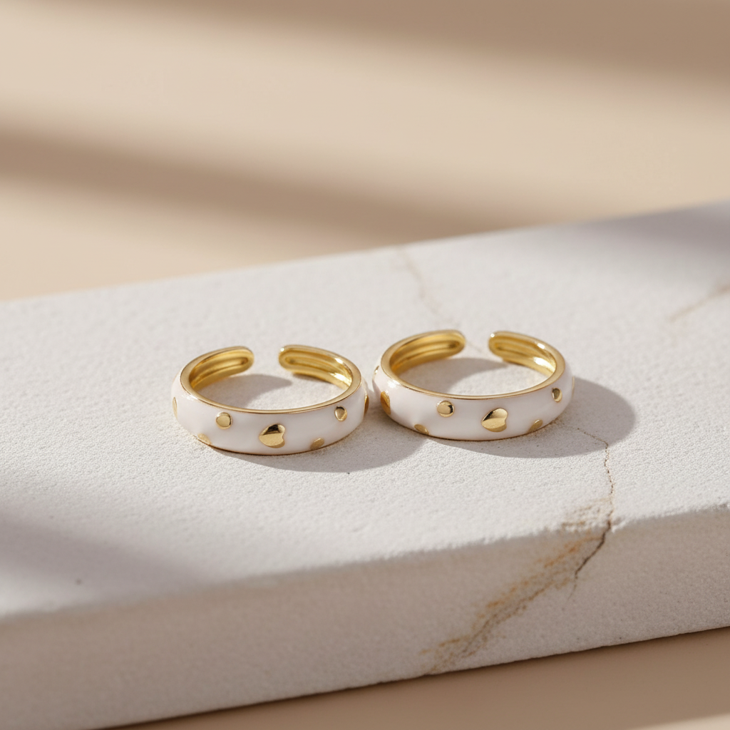 White Enamel & Gold Adjustable Ring with Heart Accents LR10209