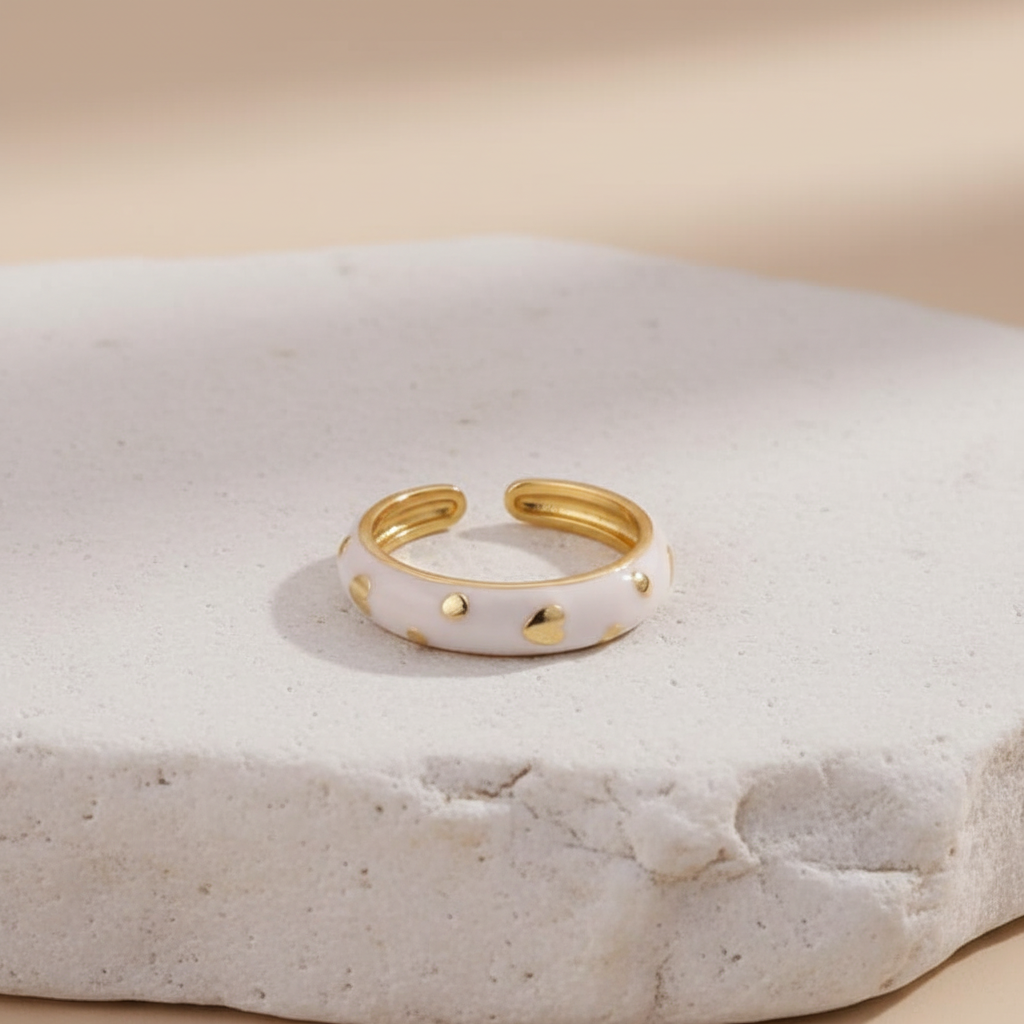 White Enamel & Gold Adjustable Ring with Heart Accents LR10209