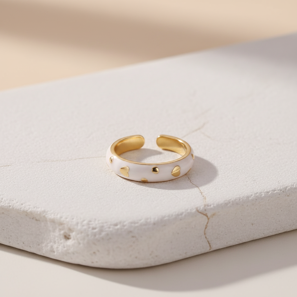 White Enamel & Gold Adjustable Ring with Heart Accents LR10209