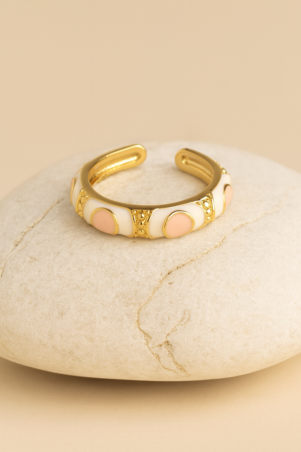 White Enamel & Gold Adjustable Ring with Nude Accents LR10193