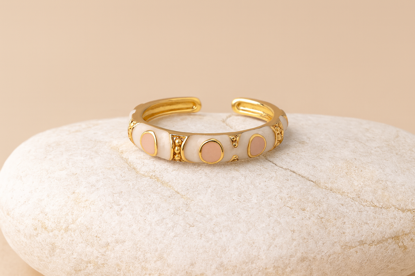 White Enamel & Gold Adjustable Ring with Nude Accents LR10193