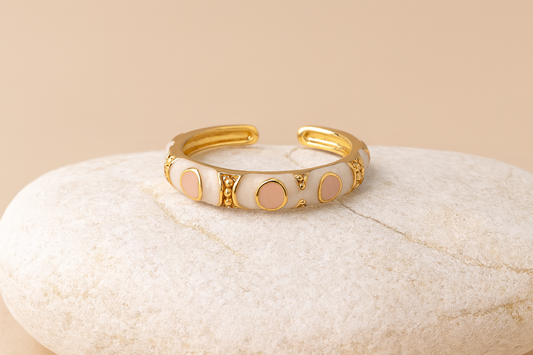White Enamel & Gold Adjustable Ring with Nude Accents LR10193
