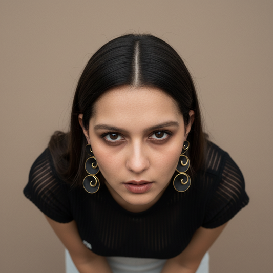 Gold Black Enamel Spiral Disc Drop Earrings LE10247