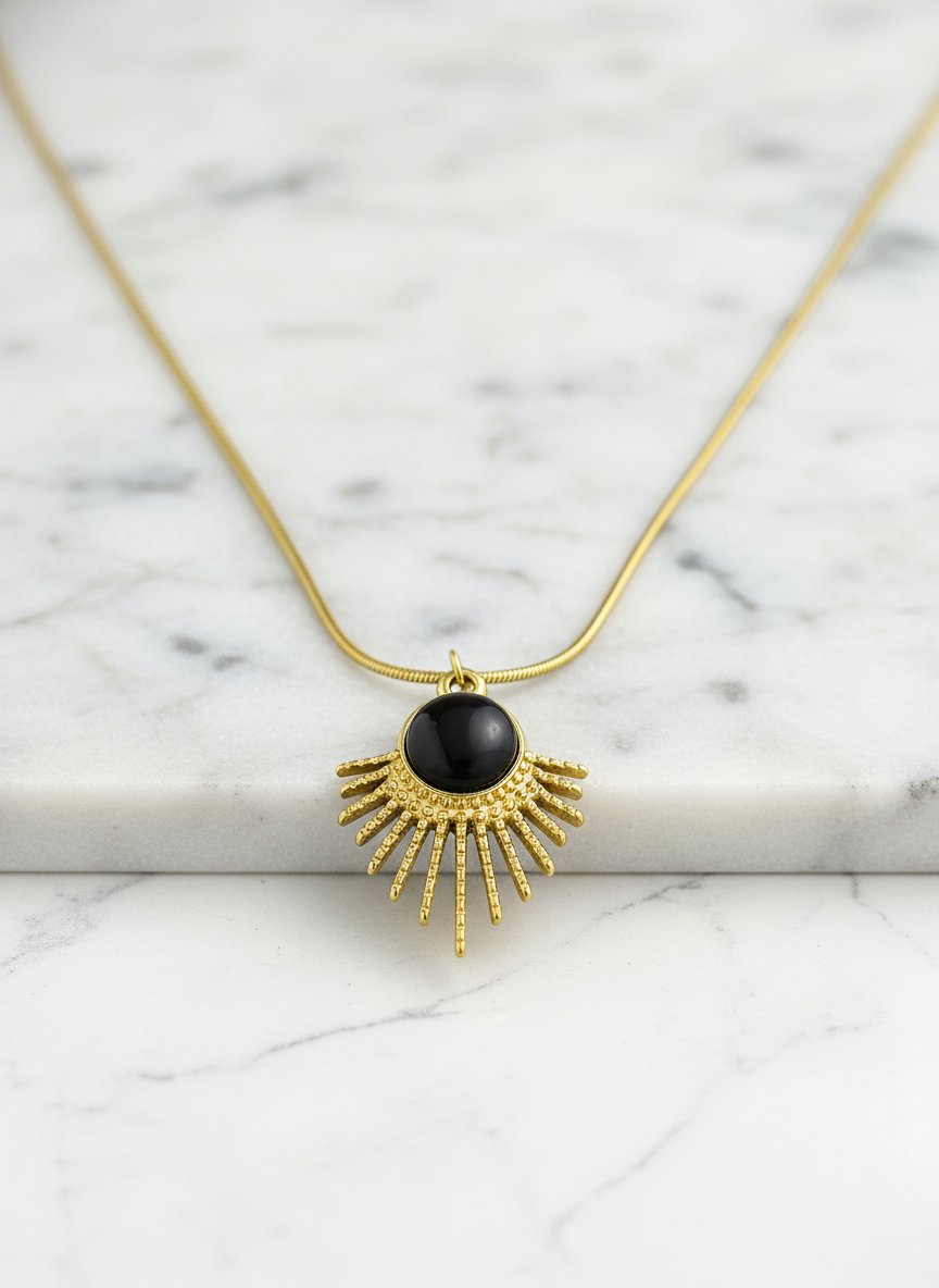 Gold Sunburst Black Stone Pendant Necklace LN10227