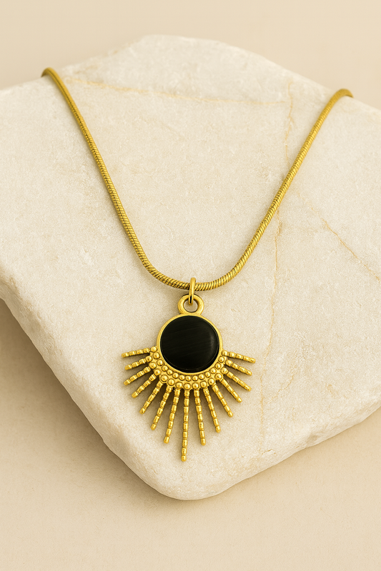 Gold Sunburst Black Stone Pendant Necklace LN10227