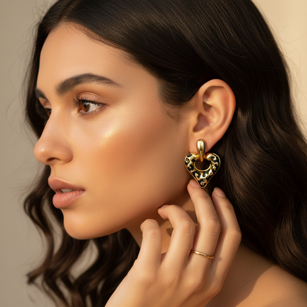 Gold Leopard Enamel Heart Drop Earrings LE101252