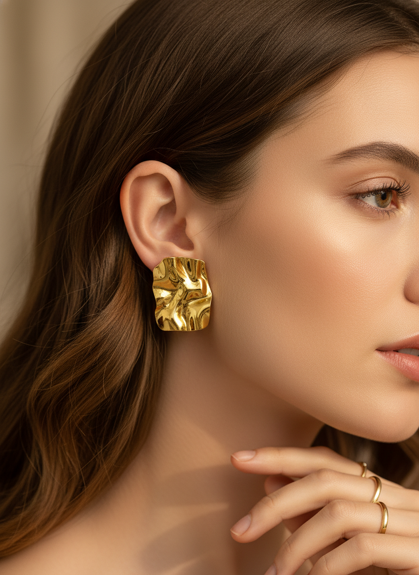 Gold Textured Foil Rectangle Stud Earrings LE12242