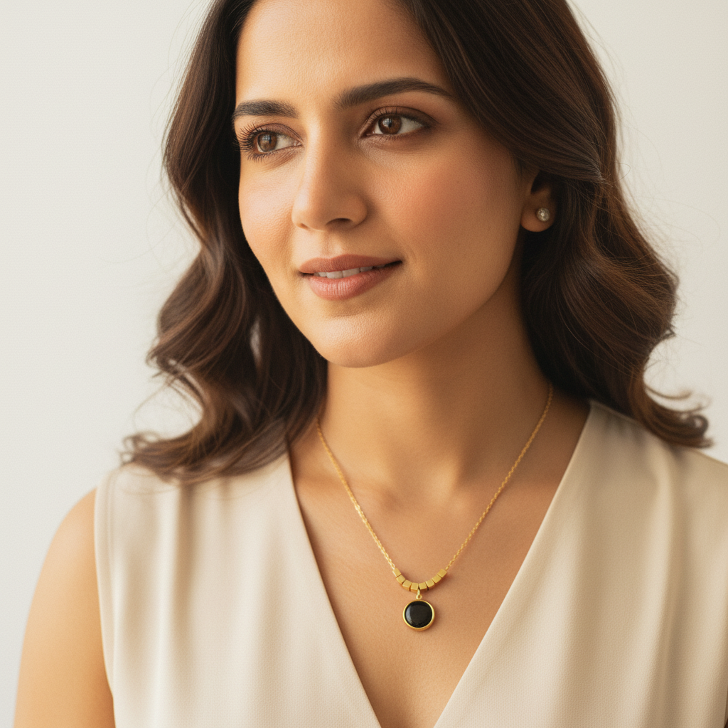 Gold Onyx Round Pendant Cube Bead Chain Necklace LN10203