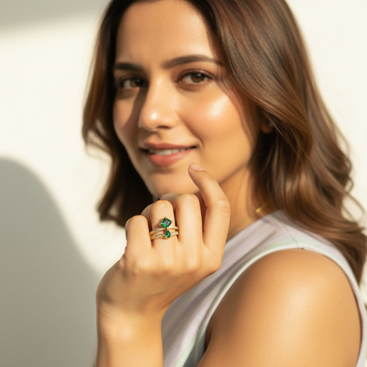 Gold Emerald Crystal Double Band Adjustable Ring LR10131