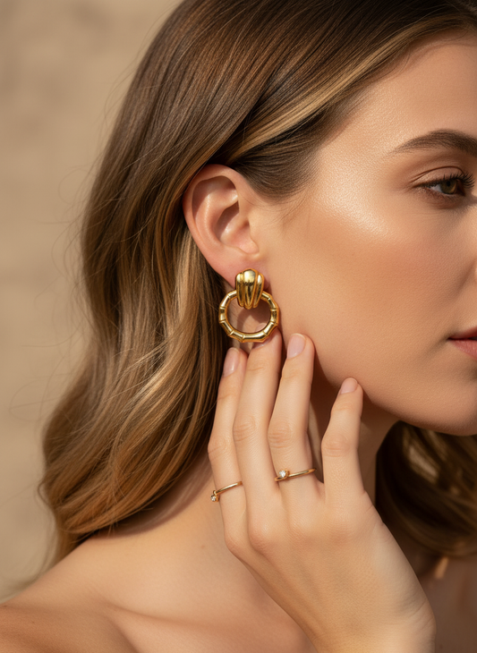 Gold Bamboo Ring Shell‑Top Drop Earrings LE10244