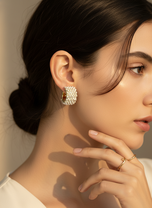 Gold Pearl Crystal Pavé Chunky Huggie Earrings LE10240