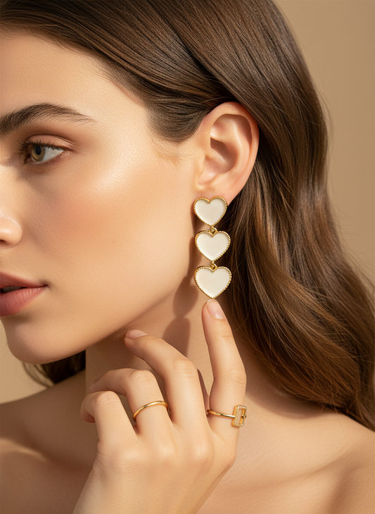 Gold White Enamel Triple Heart Drop Earrings LE10248