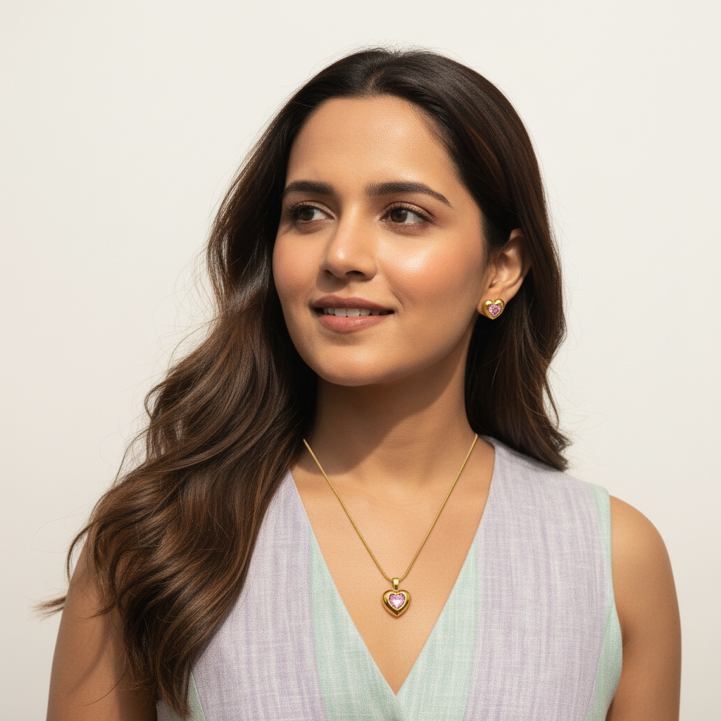 Gold Pink Heart Jewelry Set – Necklace and Stud Earrings. LN10197
