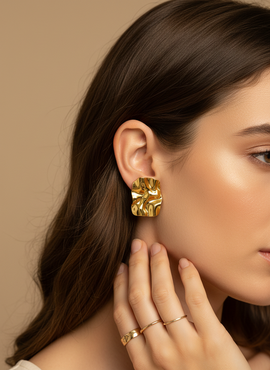 Gold Textured Foil Rectangle Stud Earrings LE12242