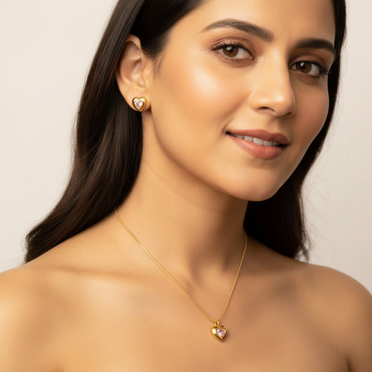 Gold Pink Heart Jewelry Set – Necklace and Stud Earrings. LN10197