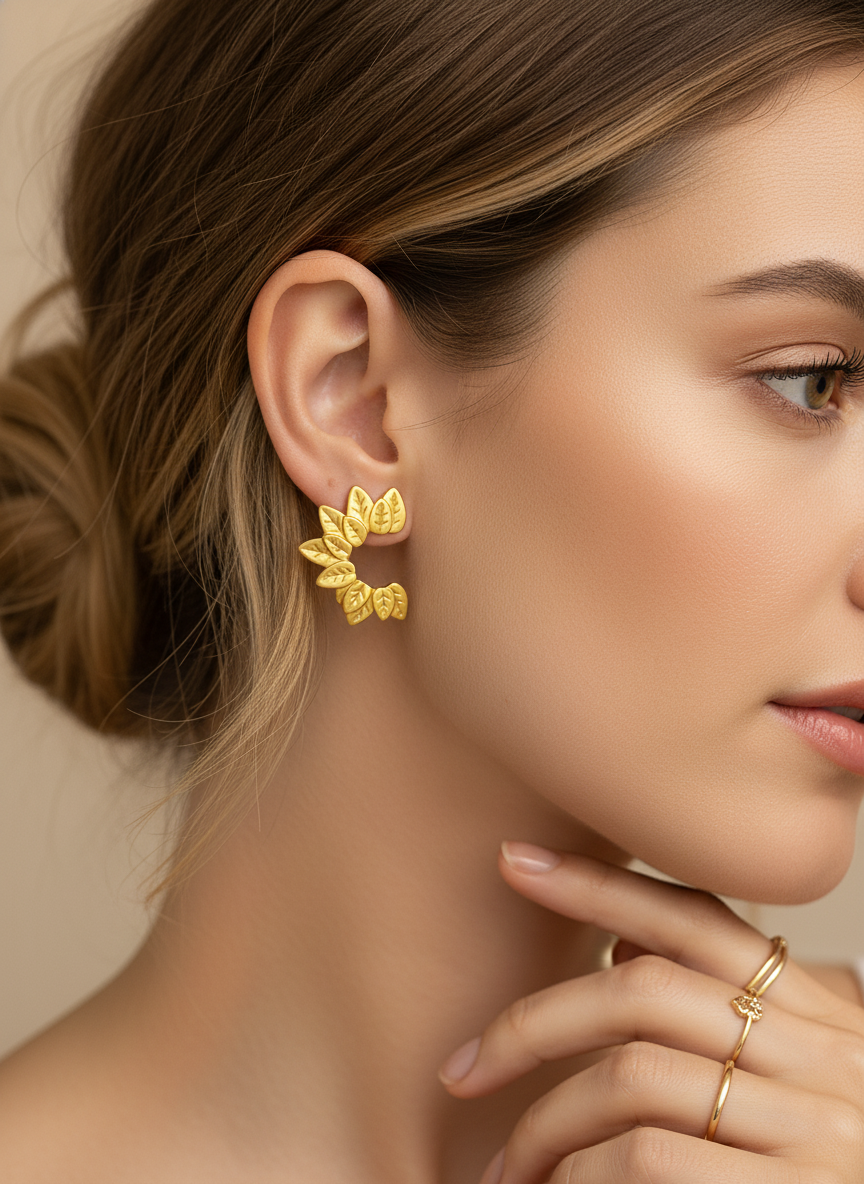 Gold Leaf Wreath Open Hoop Stud Earrings LE10255