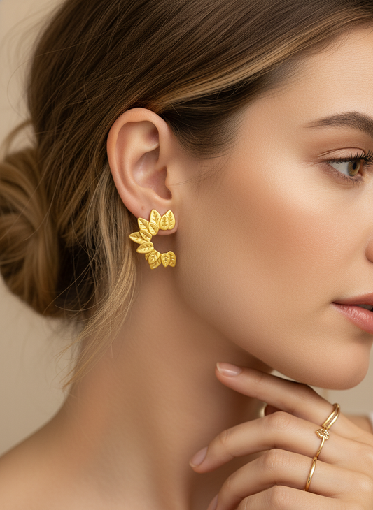 Gold Leaf Wreath Open Hoop Stud Earrings LE10255