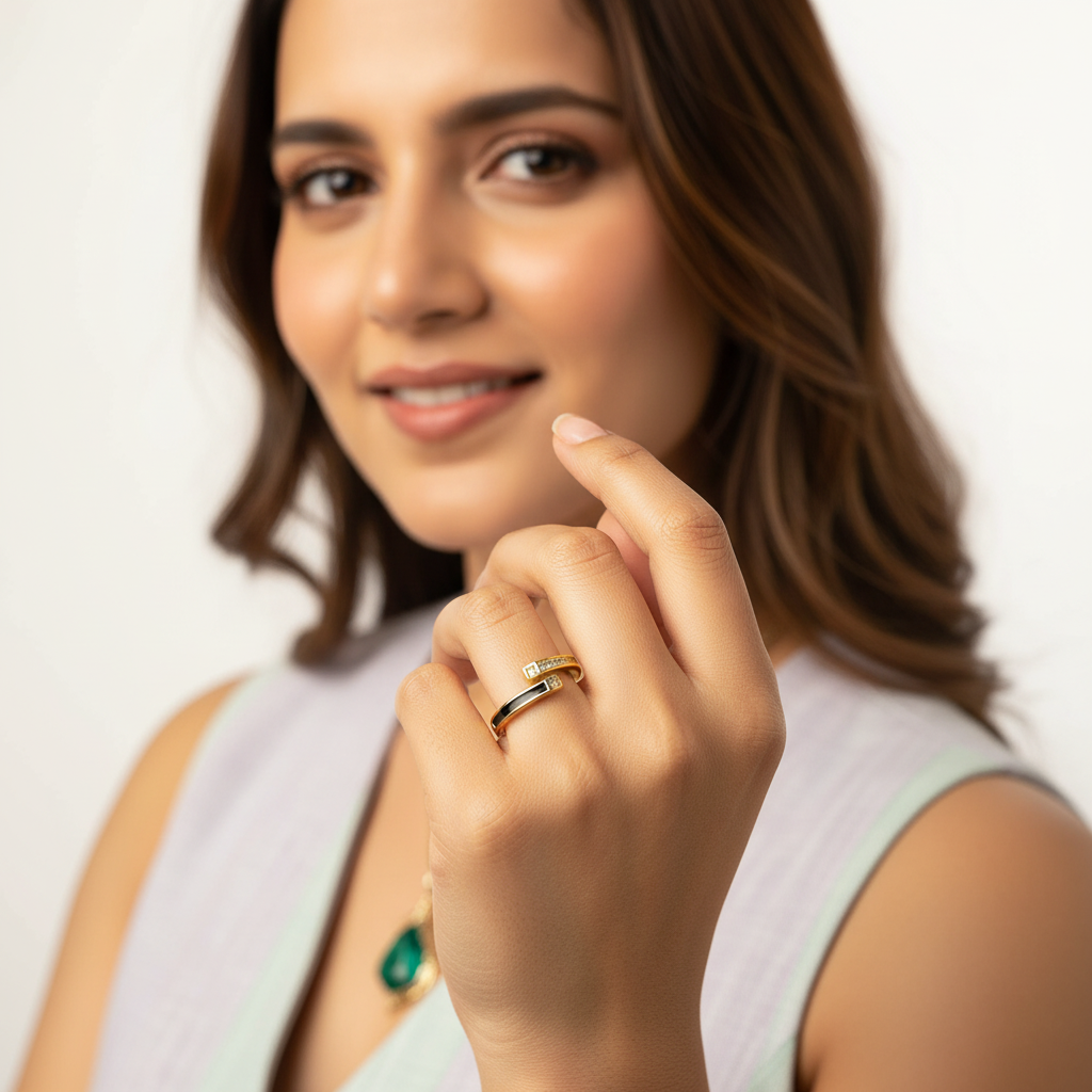 Gold Black Enamel Crystal Open Wrap Ring LR10132
