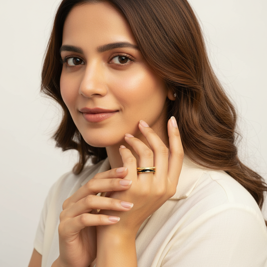 Gold Black Enamel Pavé Open Band Ring LR10134
