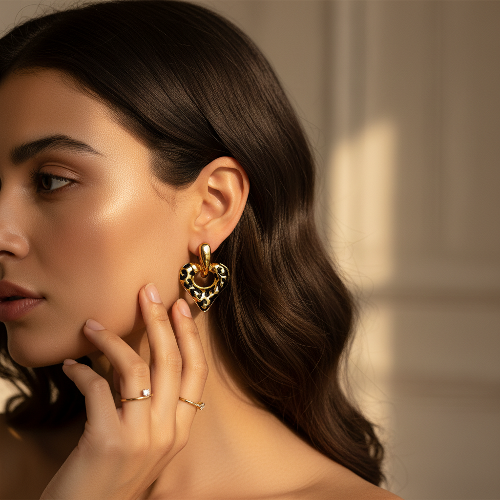 Gold Leopard Enamel Heart Drop Earrings LE101252