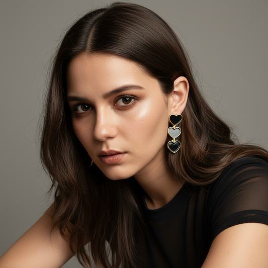 Gold Black Enamel Triple Heart Drop Earrings LE10246