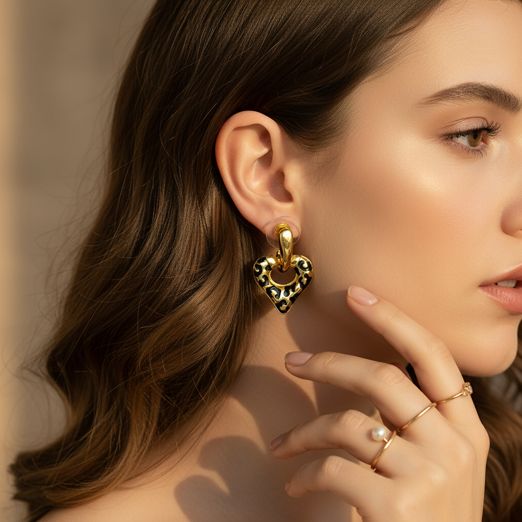 Gold Leopard Enamel Heart Drop Earrings LE101252
