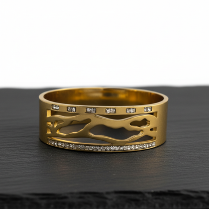 Abstract Gold Cutout Bangle with Crystal Accents – Artistic Statement Bracelet LB10193