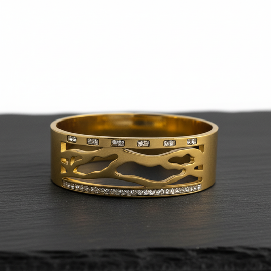 Abstract Gold Cutout Bangle with Crystal Accents – Artistic Statement Bracelet LB10193