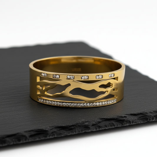 Abstract Gold Cutout Bangle with Crystal Accents – Artistic Statement Bracelet LB10193