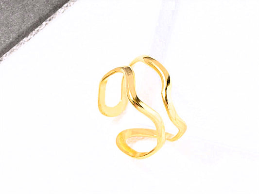 Abstract Gold Wave Ring – Modern Minimalist Adjustable Statement Ring for Women LR10190