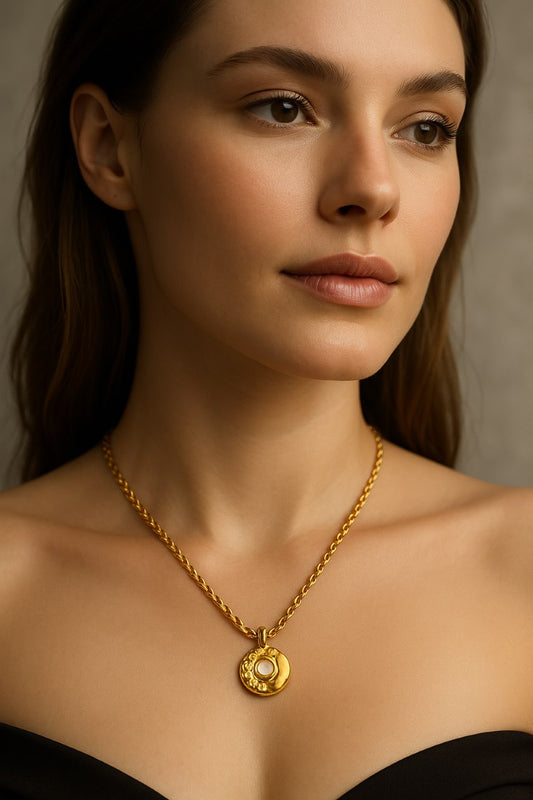 Artisan Round Pendant Necklace Gold Vermeil with Mother of Pearl Inlay LN10108