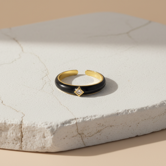 Black Enamel & Gold Adjustable Ring with Diamond Accent LR10198