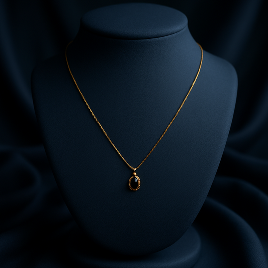 Black Oval Stone Pendant Necklace – Gold Beaded Halo LN10190