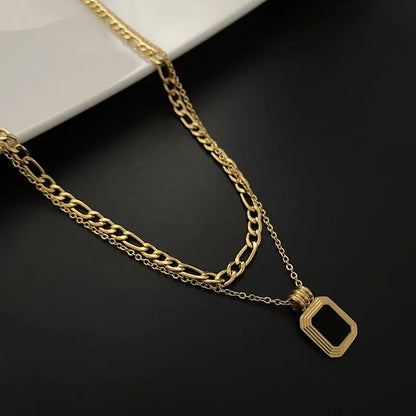 Black Stone Pendant Necklace – Dual Layer Gold Chain for Women LN10324
