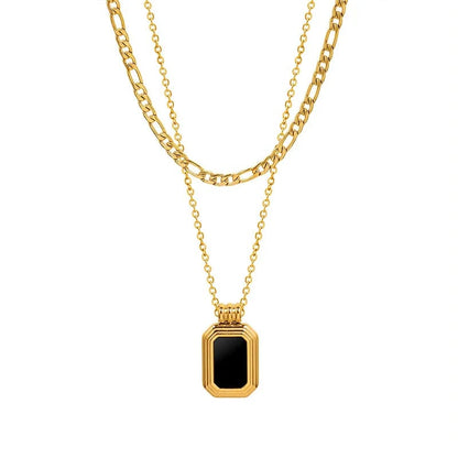 Black Stone Pendant Necklace – Dual Layer Gold Chain for Women LN10324