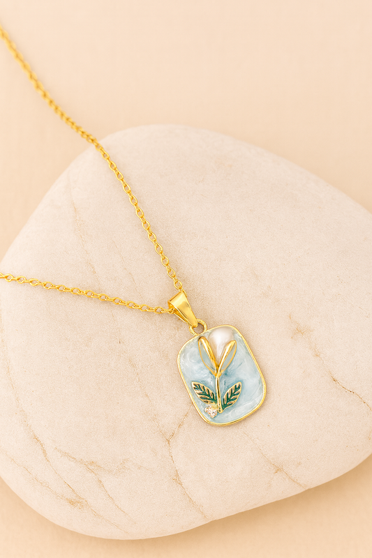 Blue Enamel Floral Gold Pendant Necklace with Pearl – Handcrafted Elegant Jewelry for Women LN10283