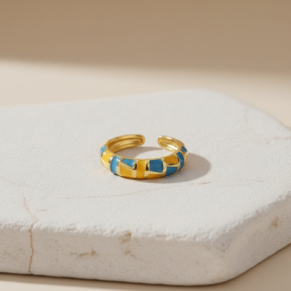 Blue Enamel & Gold Adjustable Mosaic Ring LR10218