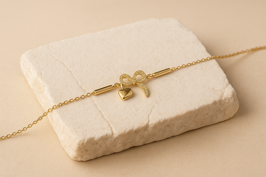 Bow Bracelet – Dainty Diamond Bow with Heart Charm LB10067