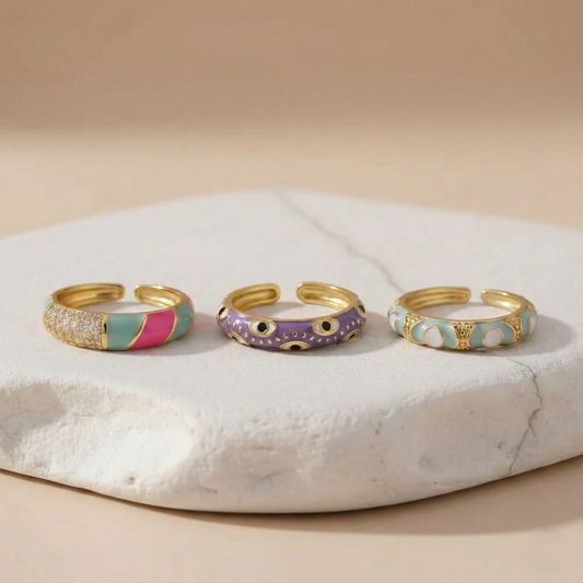 Colourful Enamel Gold Adjustable Ring Combo Set – Multicolour, Evil Eye & Mint Statement Rings for Women ( Set of 3 ) LCS10117