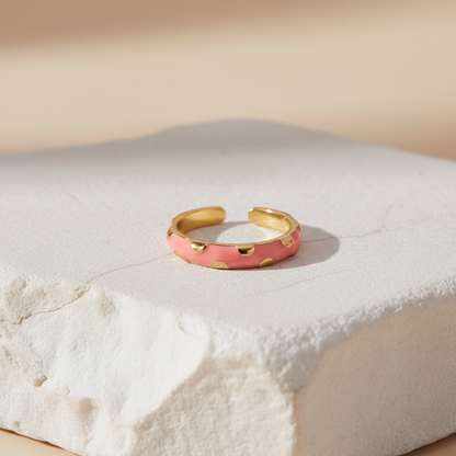 Coral Pink Enamel & Gold Adjustable Ring with Heart Accents LR10207