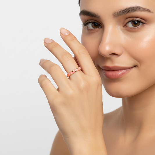 Coral Pink Enamel & Gold Adjustable Ring with Heart Accents LR10207