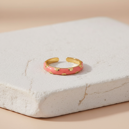 Coral Pink Enamel & Gold Adjustable Ring with Heart Accents LR10207