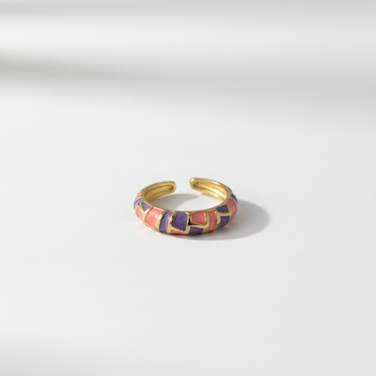 Coral & Purple Enamel Gold Adjustable Mosaic Ring LR10221
