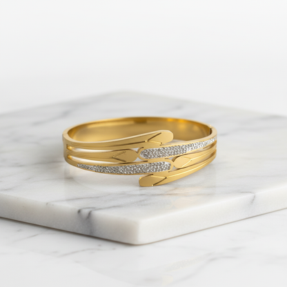 Crystal-Studded Gold Bangle – Elegant Three-Layer Wave Design Bracelet LB10198