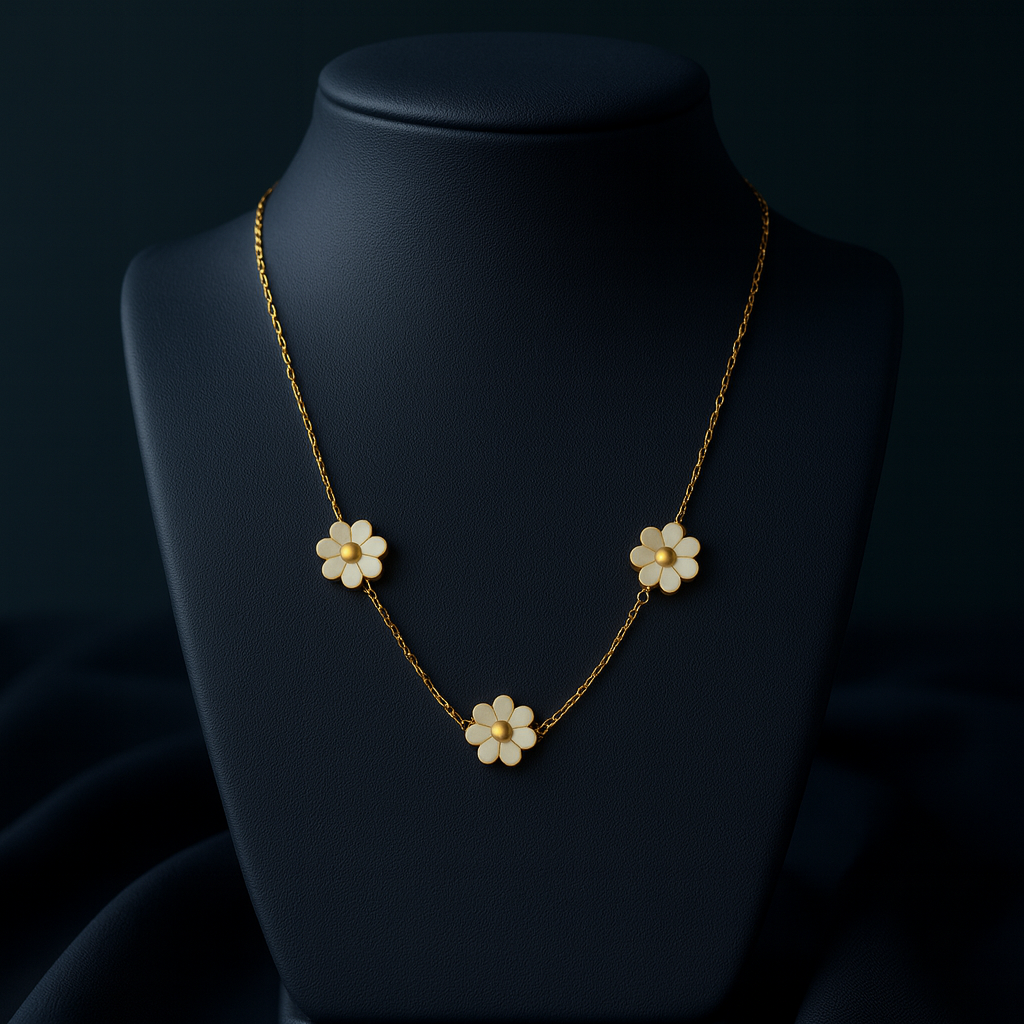 Daisy Flower Necklace – Triple Enamel Charm in Gold. LN10192