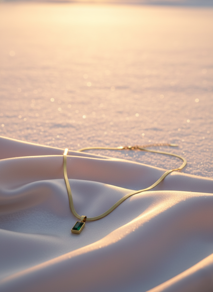 Emerald Cut Green Stone Pendant on Herringbone Chain | Gold Dainty Jewellery LN10329